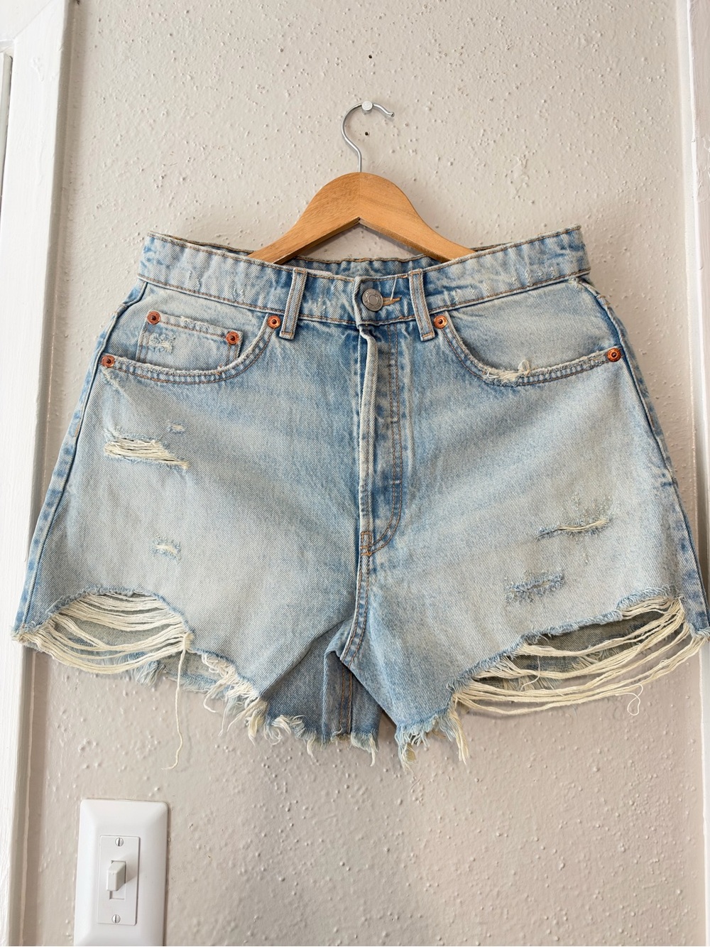 Zara Light Blue Ripped Denim Jean Shorts